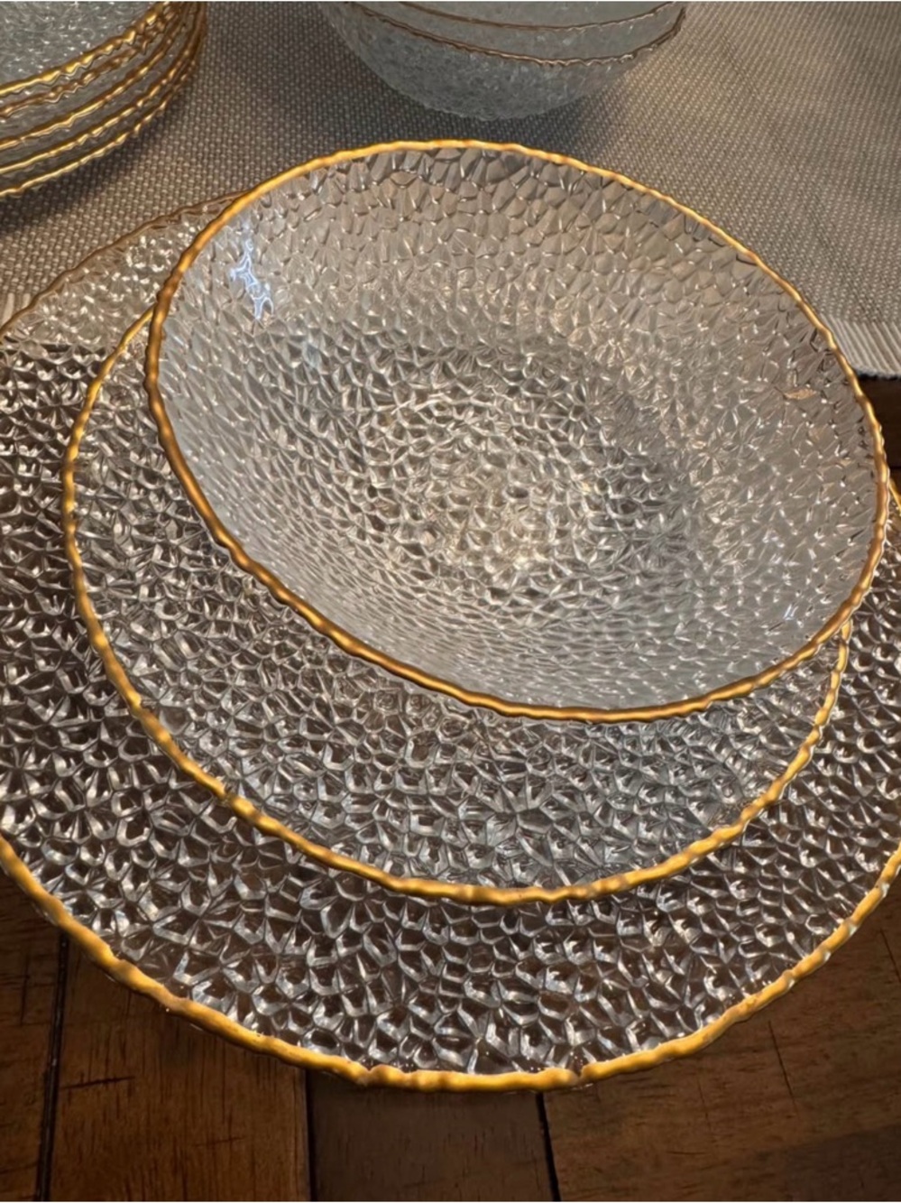 Source Unknown Clear Textured Glass Dinnerware with Gold Rim